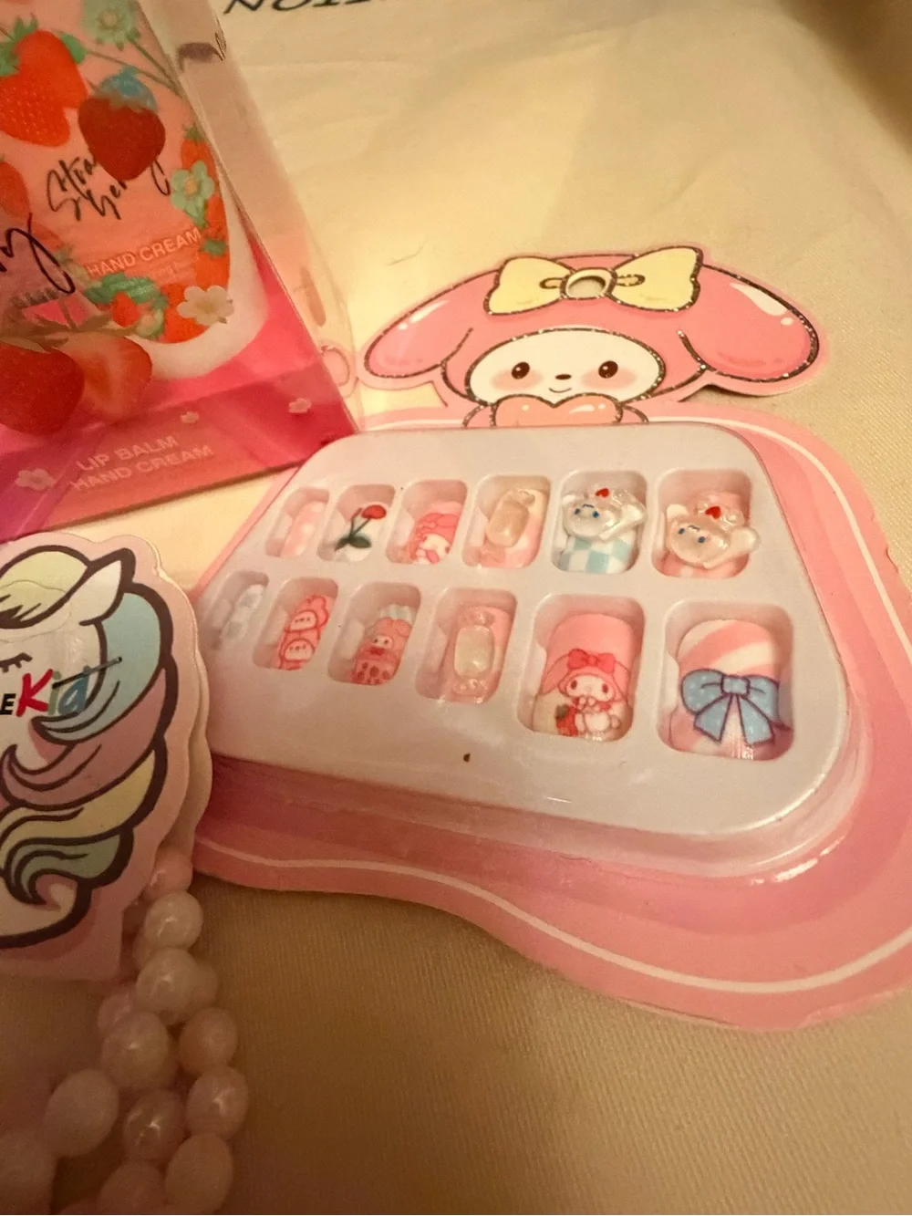 Nicole Kids Pink Beaded Bracelet Set with Floral Charm and Press-On Nails